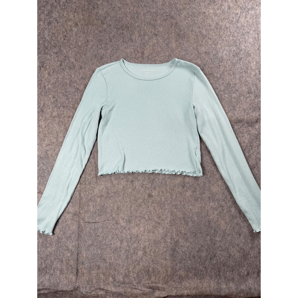 American Eagle Crop Top Womens M Green Ribbed Knit Long Sleeve Lettuce Edge Y2K